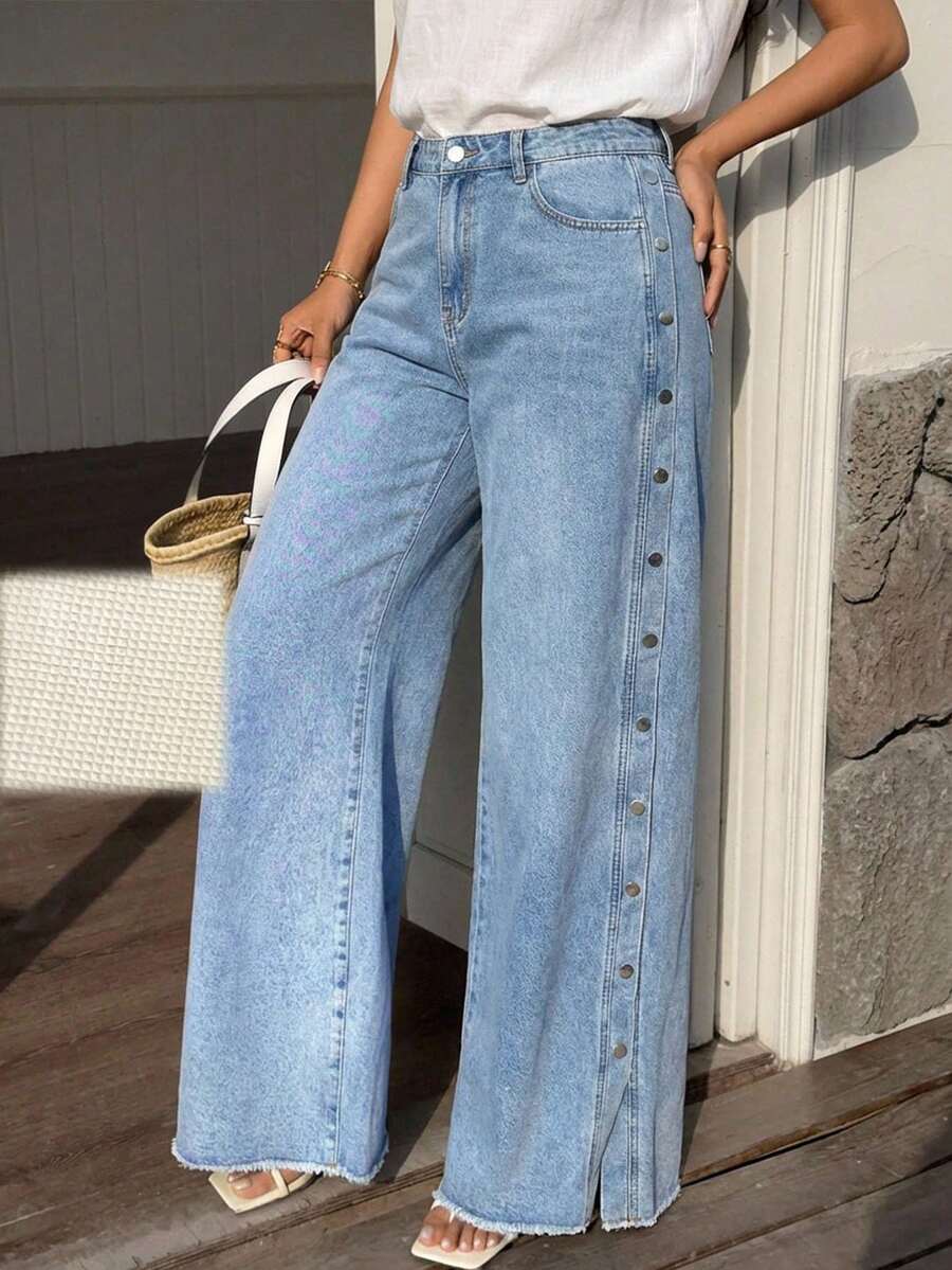 Sunnyshic Jeans a vita alta, lavaggio vintage, ampi e morbidi, con bottoni, per donne taglie forti