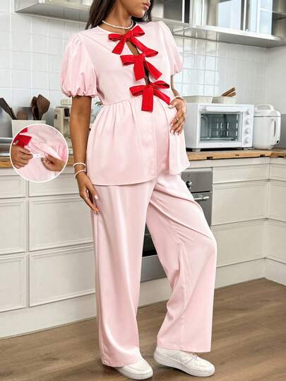 SHEIN 2 piezas Conjunto de camisa de manga corta con volantes y lazo y pantalones de maternidad, conjunto de coordinado de verano para mujeres, último modelo de color rosa