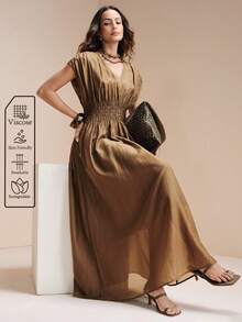 Arave 女士轻盈天丝褶皱A字无袖连衣裙，适合日常通勤 - 棕色 - 查看 1