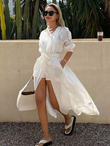 DAZY 女士宽松薄款纯色翻领长袖系带休闲优雅春夏轻薄防风外套 - 白色 - 查看 4