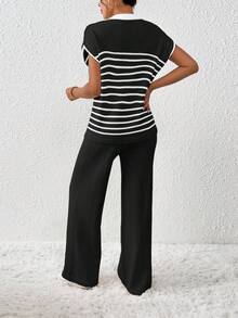 EMERY ROSE Women's Contrast Color Loose Casual Drawstring Knit 2 Pieces Set - Black - View 2