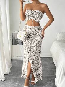 Pariaura Áo quây xếp ly và chân váy xẻ tà có dây rút, bộ đồ hè hai món họa tiết hoa nhí lãng mạn kiểu Pháp dành cho nữ. - Màu be - Xem 3