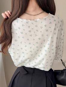 FRIFUL Women's Wavy Striped Loose Contrast Trim Short Sleeve T-Shirt, Summer Casual Wear - Blue - View 6