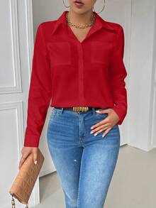 Airaco 女士休闲领口袋修身白色长袖衬衫女式衬衫 - 紅色 - 查看 6