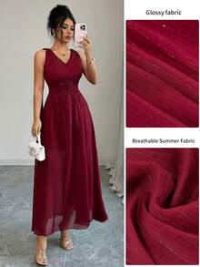 Modelyn 女士优雅浪漫闪亮V领系腰酒红色连衣裙，适合约会、度假、通勤、家庭聚会、春夏穿着 - 紅色 - 查看 1