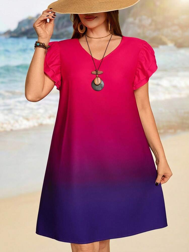 Plus Size Ombre V-Neck Ruffle Hem Elegant Short Sleeve Dress, Women Vacation Dress, Plus Size Beach Dress