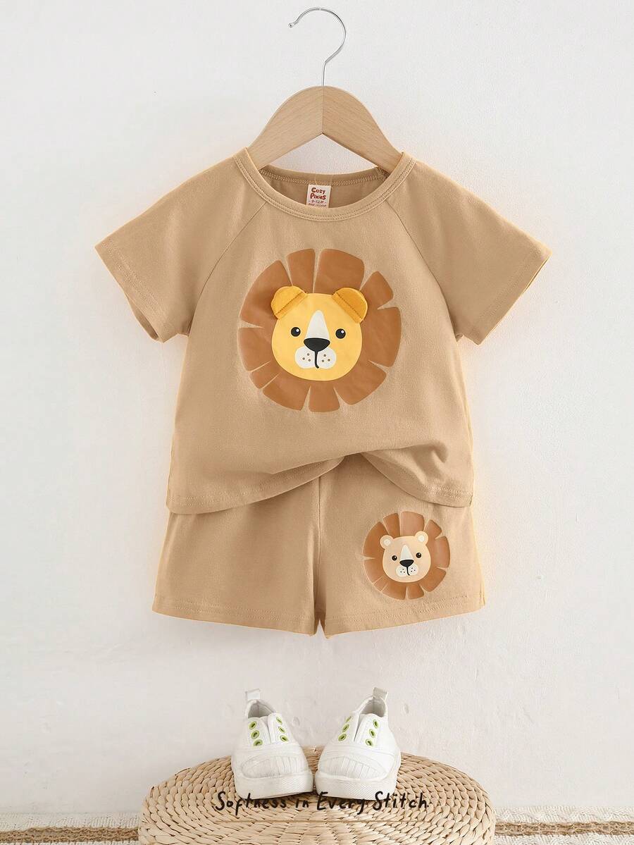 Cozy Pixies 2pcs Baby Boy Cartoon Lion Pattern Knit Soft Round Neck Short Sleeve Top And Elastic Waist Shorts Set - Khaki - View 1