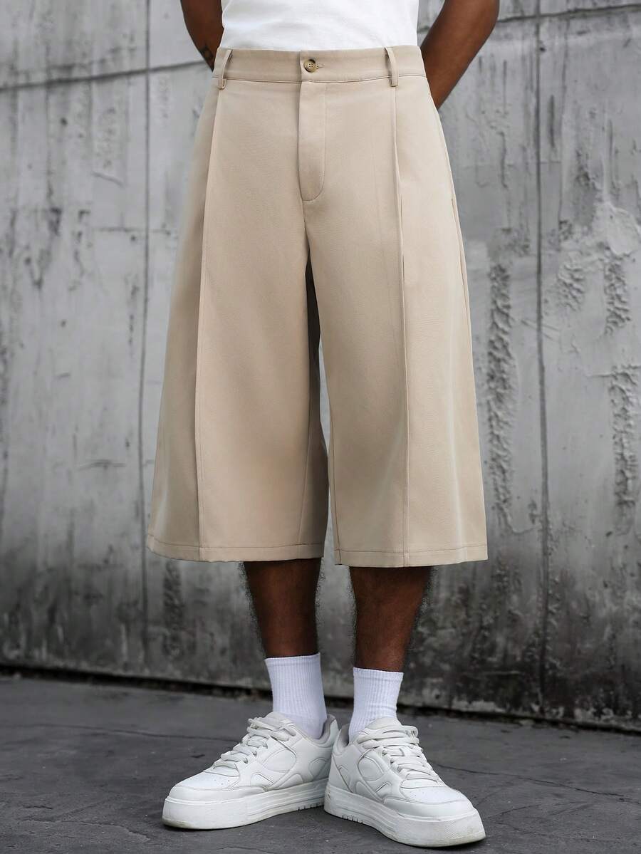SLATEMANN 男士夏季休闲宽松直筒纯色短裤 - 卡其色 - 查看 1