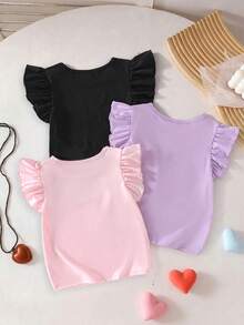 3件套女童可爱卡通/韩流明星印花短袖圆领休闲夏季上衣，适合日常玩耍、旅行或度假，黑色/紫色/粉色 - 彩色 - 查看 2