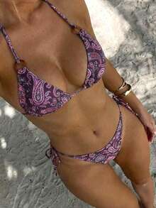 SoleilVie SWIM BOHO Women's Paisley Print Triangle Bikini Set With Tie Side Bottoms - Multicolor - View 3