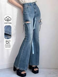 FRIFUL Quần jeans ống loe khoét lỗ, thắt nút, phong cách thường ngày dành cho nữ, thích hợp đi làm đường phố. - Màu xanh lam - Xem 1