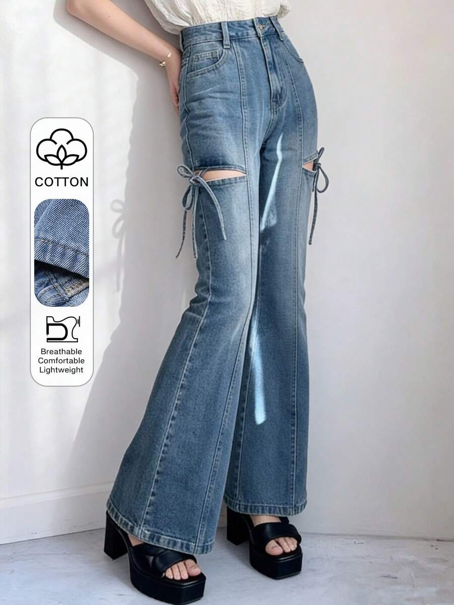 FRIFUL Quần jeans ống loe khoét lỗ, thắt nút, phong cách thường ngày dành cho nữ, thích hợp đi làm đường phố. - Màu xanh lam - Xem 1
