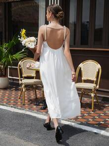 Momance V领系带露背长款孕妇连衣裙 - 白色 - 查看 2
