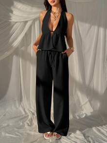 SHEIN EZwear 女士雪纺露背吊带上衣和裤子休闲度假套装，春夏女士度假套装，女士连体裤，女士优雅连体裤，女士正式优雅半正式套装，女士上衣和裤子，女士套装，Zoey套装，女士套装，两件套，最新女士套装，女士两件套，Pinterest套装，女士穿搭灵感，Pinterest套装 - 黑色 - 查看 5