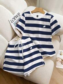 Resyla 复古美式黑白条纹迷你马图案印花女士休闲宽松时尚两件套 - 彩色 - 查看 3