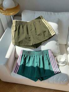 Comfortcana 2pcs Women's Contrast Color Woven Shorts, Summer - Army Green - View 3