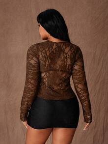 Rustia Plus Size Sexy Lace Hollow Lace-Up Waist Slim Fit Blouse - Brown - View 2