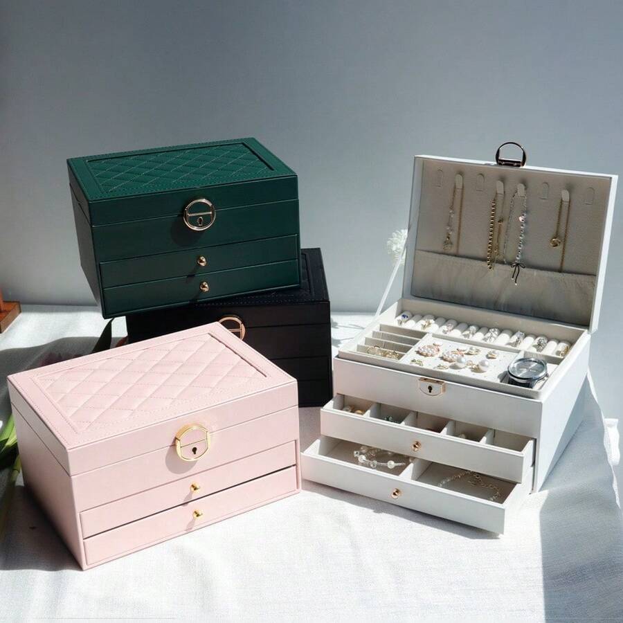 1 pieza Caja de almacenamiento de joyas de gran capacidad, Caja de almacenamiento de joyas portátil, Tocador con cajón Caja de almacenamiento de joyas, Caja de joyas de cuero como regalo, Contenedor de almacenamiento y exhibición exquisito, Vuelta al colegio, Decoración de sala de maquillaje, Bolsa de maquillaje, Artículo de viaje esencial - Multicolor - Ver 1