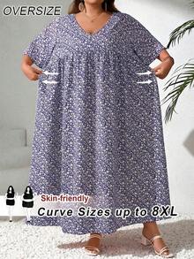 SHEIN CURVE+ Đầm babydoll tay ngắn cổ chữ V họa tiết hoa nhí dáng rộng, cỡ lớn dành cho nữ, thích hợp cho kỳ nghỉ hè, đi biển, phong cách Ả Rập, trang phục Boho, thời trang đi nghỉ mát mùa hè/đồng quê/bãi biển/đồ đi biển. - Nhiều màu - Xem 1