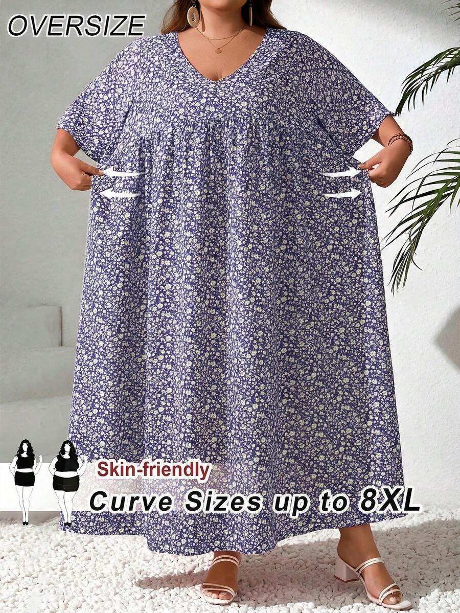 SHEIN CURVE+ Đầm babydoll tay ngắn cổ chữ V họa tiết hoa nhí dáng rộng, cỡ lớn dành cho nữ, thích hợp cho kỳ nghỉ hè, đi biển, phong cách Ả Rập, trang phục Boho, thời trang đi nghỉ mát mùa hè/đồng quê/bãi biển/đồ đi biển. - Nhiều màu - Xem 1