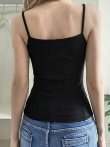 DAZY 女士纯色罗纹吊带背心，秋季新品 - 黑色 - 查看 4