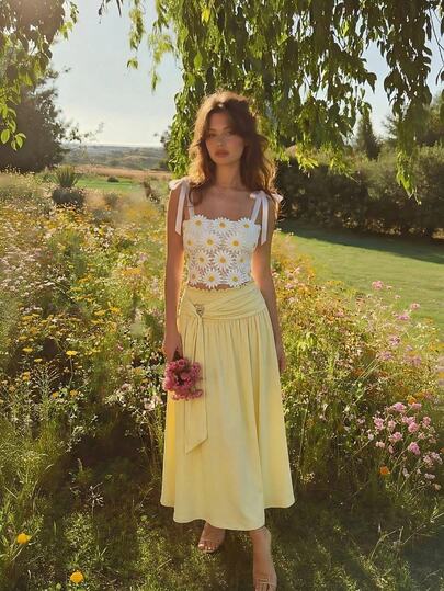 SHEIN MOD Women's Cream Yellow Shell Decor Twist Skirt, Pleated Flared Hem Romantic Holiday Skirt,Summer,Festival ,Beach, Wedding ,Vacation,Vintage,Romper,Butter Yellow High Waist Maxi Skirt For Women, Flowy A Line Draped Long Skirt With Smocked Waist, Twist Front Detail, Soft Elegant Swing Hem, Feminine Boho Chic Resort Style For Party, Vacation, Beach, Holiday, Brunch, Date Night, Wedding Guest, Daily Wear,Summer,Festival,Beach,Tea Party,Outfit,Vacation,Print,Going Out,Cute,Garden Party,Romantic,Country Concert,Music Festival,Boho,Y2K,Vintage,Cottagecore,Floral,Ruffle
