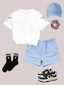 Tween Girls' Digital Polka Dot Bow Decor Short Sleeve Shorts Set, Casual Comfortable Stylish Spring/Summer Outfit, Versatile Design Suitable For Outdoor, Sports, Picnic, Photography, Home, School, Holidays, Gifts,Summer Outfits,Polka Dot Top,Squishy,Summer Sets,Summer Two Piece Set - Multicolor - View 3