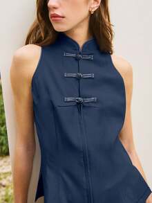 Nöista 无袖修身上衣，高领设计，领口和袖口饰有撞色滚边。适合节日度假、春季和春夏穿着。 - 藏蓝色 - 查看 5