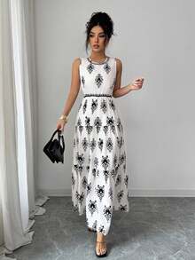 Selianne Damen modisches bedrucktes Kleid mit rundem Ausschnitt, ärmellos, tailliert, romantisch, elegant, Lässig, für Büro, Date, Party, Dinner, Frühling/Sommer - Verschiedenfarbig - Übersicht 5