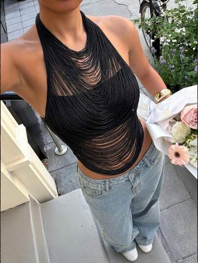 Muchica Women's Solid Color Halter Backless Sleeveless Fashionable Sexy Top For Summer