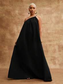 Vixey Woven Asymmetrical Single Strap Flowy Maxi Vacation Dress, Summer Holiday - Black - View 4