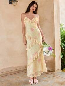 Enchnt Đầm hai dây Jacquard bất đối xứng với đường viền xếp nếp, phong cách nghỉ mát biển. - Màu vàng - Xem 4
