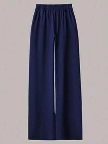 SHEIN LUNE 大码女式休闲两件套，纯色翻领单排扣休闲通勤衬衫和高腰宽松阔腿裤套装 - 藏蓝色 - 查看 8