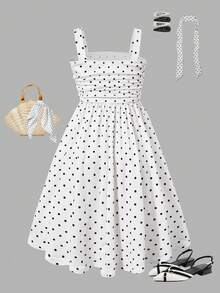 SHEIN Đầm chấm bi trắng thanh lịch và thời trang với dây đeo xếp nếp, thích hợp cho các bé gái tuổi teen, phù hợp cho các bữa tiệc và sự kiện vào mùa xuân/hè. - trắng - Xem 2