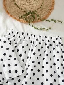 SHEIN 2pcs Girls Casual Sleeveless Polka Dot Top And Wide Leg Pants Set, Summer Outfit With Droplet Buttons, Ruffle Hem, Relaxed Fit For Beach, Vacation - White - View 7