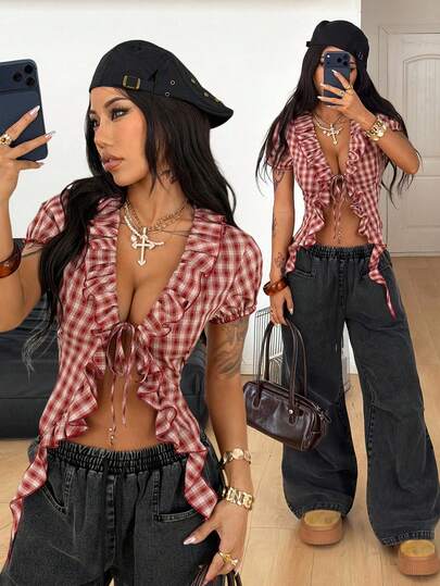 Coolane Áo sơ mi nữ kẻ caro đỏ, viền bèo nhún, thắt nơ phía trước