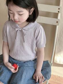 Dazy Kids 女童镂空针织娃娃领短袖针织上衣，春秋季休闲款 - 淡紫色 - 查看 5