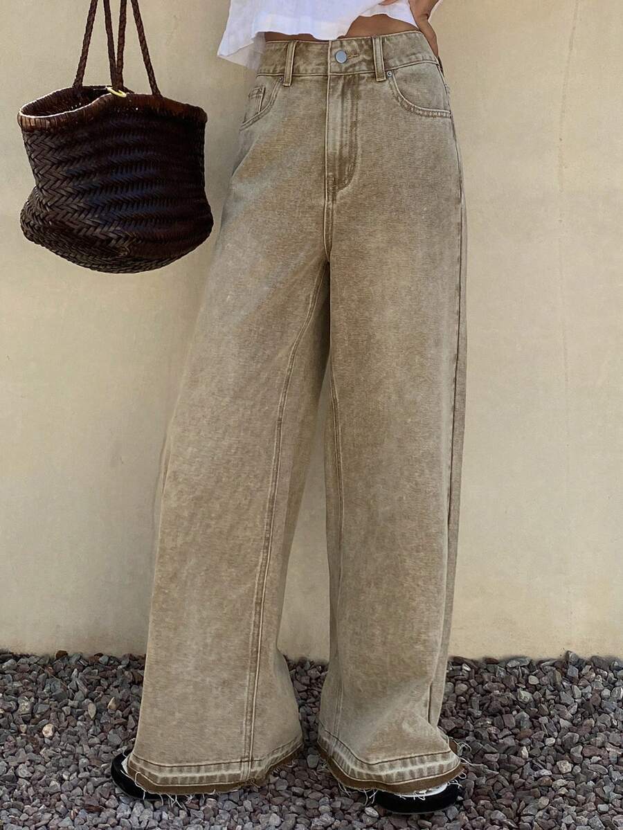 DAZY 女士宽松水洗卡其色牛仔裤 - 卡其色 - 查看 1