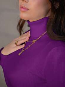 Hitanina Turtleneck Ribbed Knit Sweater Without Necklace,Long Sleeve Tops Knit Pullover Fall Winter - Purple - View 3