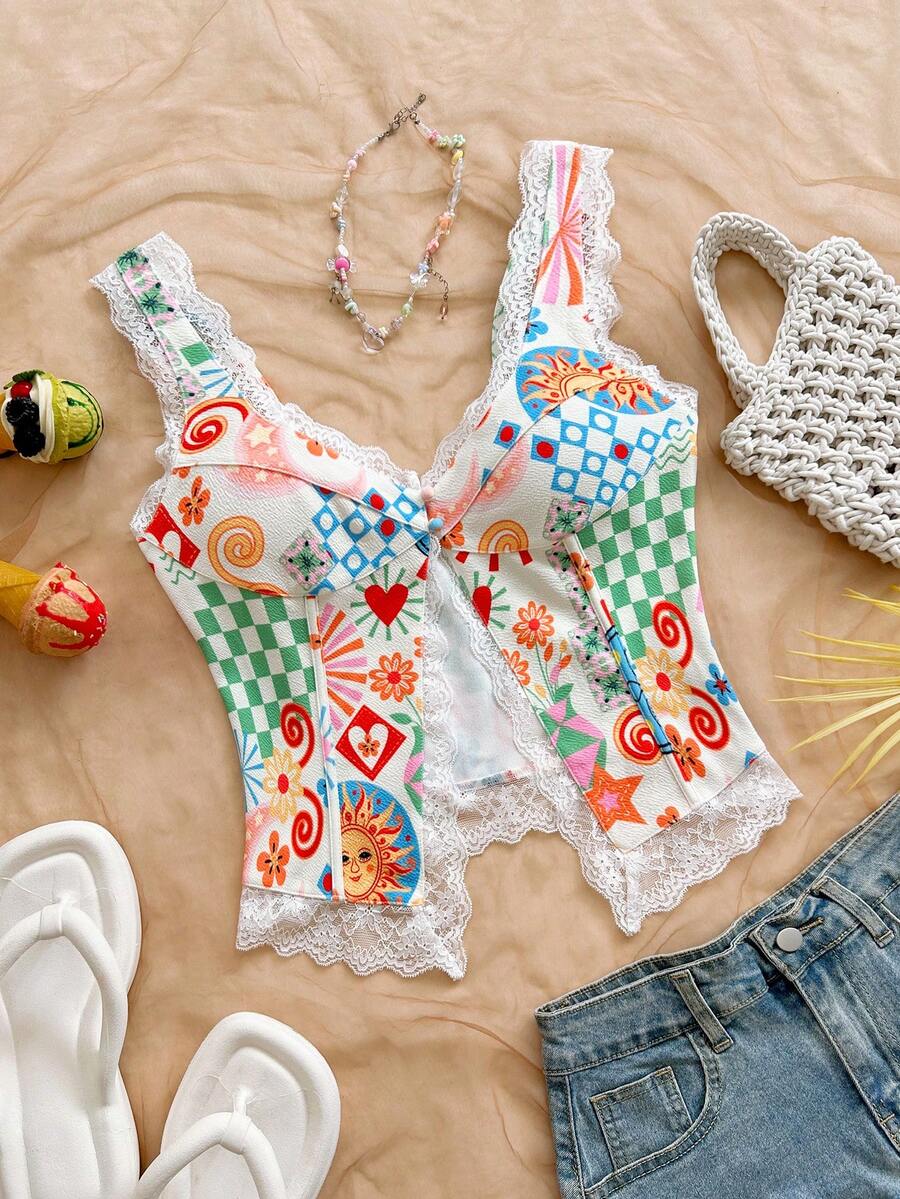 Soleia Women's Floral Print Contrast Lace Sleeveless Top,Summer Top - Multicolor - View 1