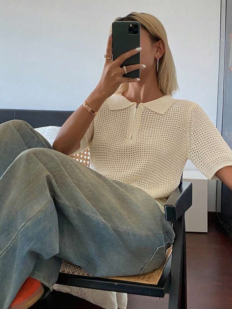 Women's Solid Color Lightweight Polo Hollow Short Sleeve Casual Vacation Summer Thin Knit Top