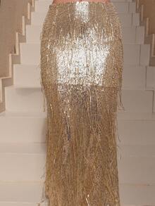 Bris Aura 女士亮片流苏银色美人鱼裙，个性化派对，春夏优雅晚礼服，伴娘裙，宴会，节日服装女士，婚礼宾客裙女士 - 金色 - 查看 5