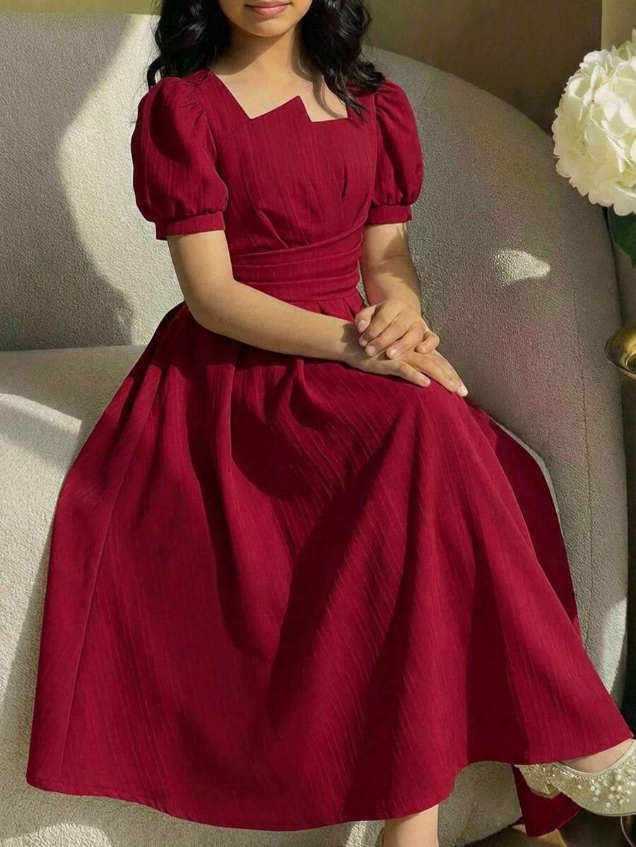 少女优雅休闲街头提花纹理方领泡泡袖连衣裙，酒红色，春夏款 - 酒紅色 - 查看 1