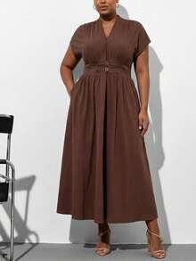 Gownix Plus Size Minimalist Chocolate Brown V-Neck Batwing Sleeve Dress With Metal Buckle,Autumn Elegant Tea Party Curve Western Vintage Outfits For Women - Brown - View 4