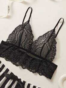 Elorette Ensemble de lingerie comprenant un soutien-gorge en dentelle fleurie et un short rayé - Noir et Blanc - Voir 4