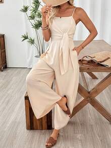 SHEIN Holidaya Bộ áo liền quần ống rộng bằng vải lanh kiểu dáng thường ngày dành cho nữ, thích hợp cho kỳ nghỉ hè, có dây buộc eo, thích hợp mặc mùa xuân/hè. - Màu Khaki - Xem 4