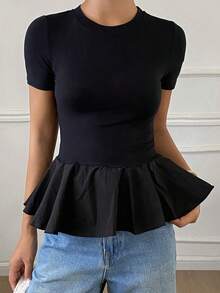 DAZY 女士纯色圆领褶皱休闲百搭日常短袖T恤 - 黑色 - 查看 5