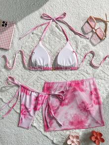 Swim SXY 女士印花露背海星装饰比基尼泳装套装，含沙滩裙，印花比基尼，女士沙滩派对服装，带罩衫的比基尼套装 - 彩色 - 查看 2