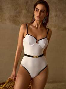 MOTF PREMIUM SUMMER BEACH FASHION CONTRAST TRIM ONE-PIECE SWIMSUIT WITH BELT - White - View 6