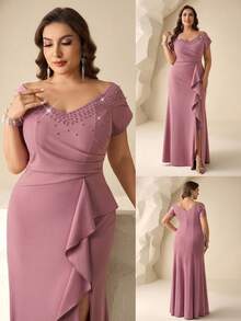 Coutiva Plus Size Elegant Dusty Pink Rhinestone High Slit Ruffle Hem Mother Of The Bride Dress,Summer Bridesmaid Gown,Formal Wedding Evening Gowns For Ladies - Mauve Purple - View 3